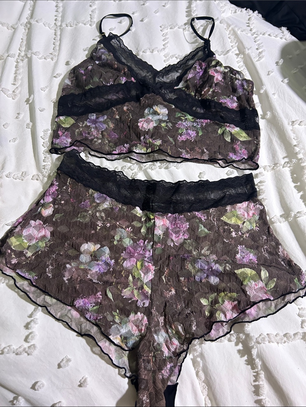 Honeydew USA Black Sheer Floral Lace Bralette & Shorts Set